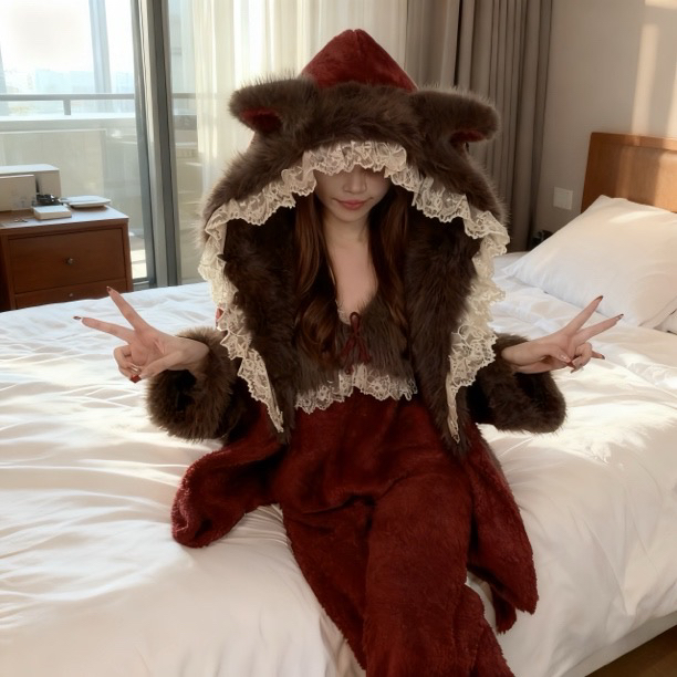 奶兔蜜语【烈焰魅影】厚款长袖保暖睡衣加厚家居套装加绒女装家居服