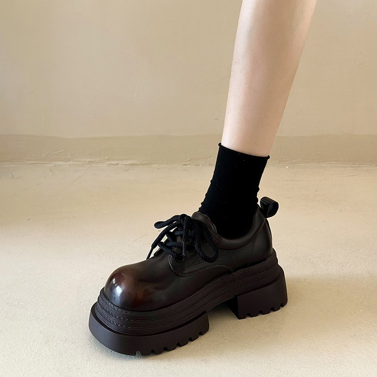2025爆款厚底小皮鞋女英伦圆头系带时尚百搭小个子增高乐福鞋百搭