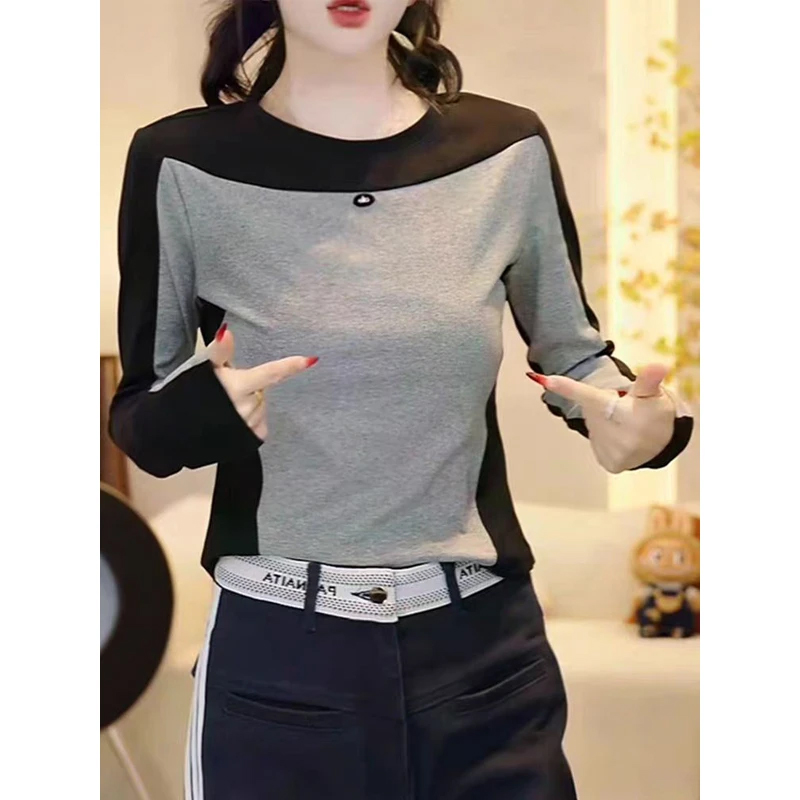 早秋新款时尚百搭圆领拼色长袖T恤女修身显瘦小众不撞款打底上衣