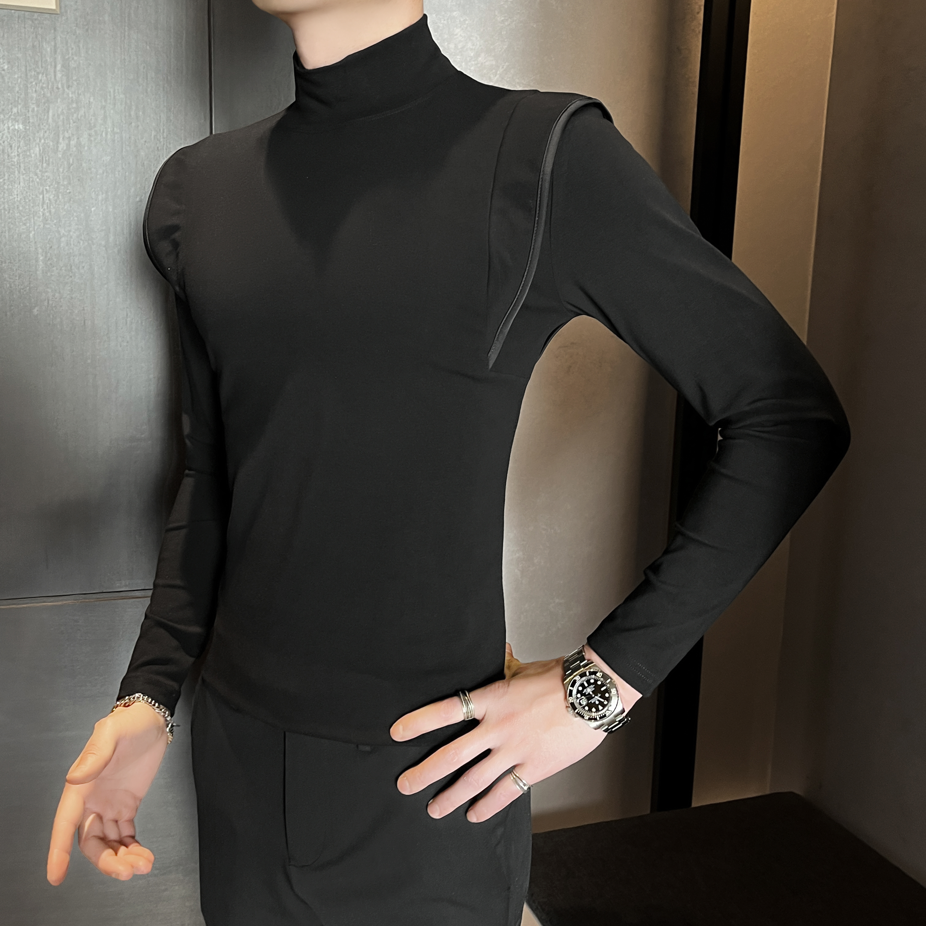 秋季新款男士设计感拼接半高领长袖t恤弹力修身痞帅中领打底衫男