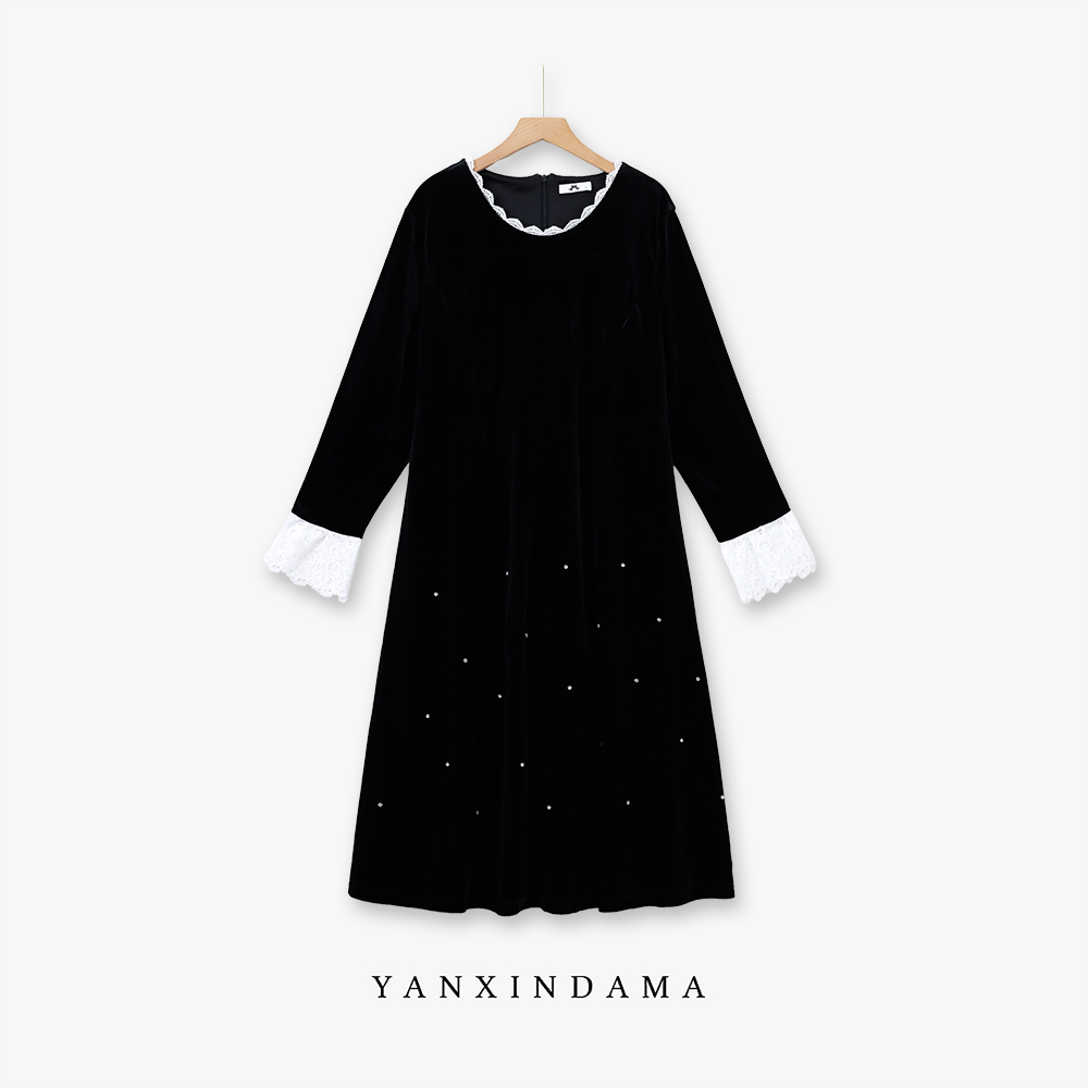 【岩心】大码女装300斤胖MM时尚法式简约显瘦温柔风长袖连衣裙10266