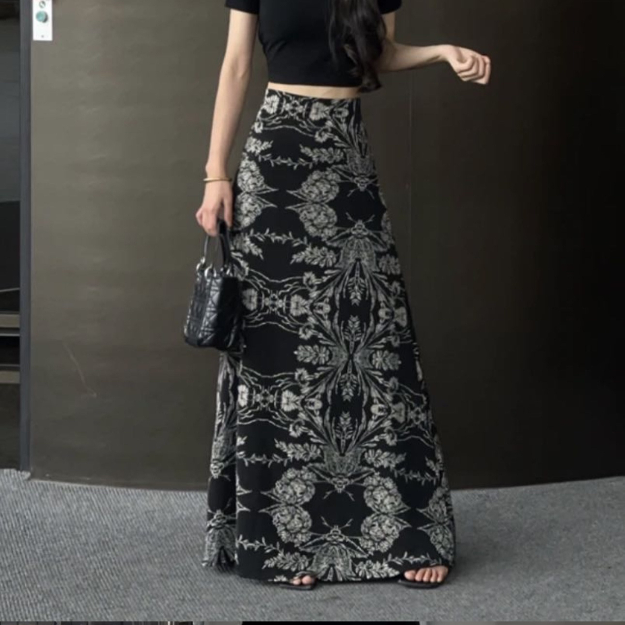 夏季新款百搭显瘦高腰收腰A版加长碎花半身裙