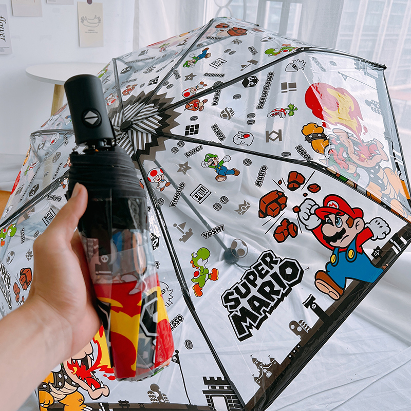 透明男女玛丽雨伞三折伞自动马里奥直柄伞马力欧折叠儿童成人动漫