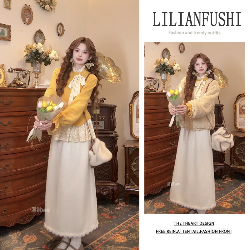 韩系穿搭2026秋冬新款宽松外套设计感长袖针织衫高腰半身裙三件套