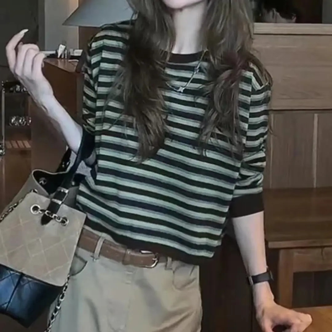绿色条纹T恤女秋季2025新款韩版ins复古撞色圆领正肩长袖上衣