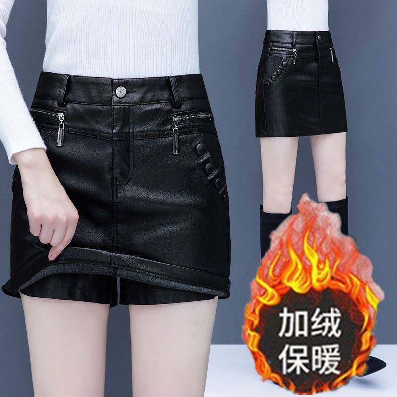 2025年秋冬新款高腰休闲皮裤裙韩版修身大码皮裙裤女裤裙假两件