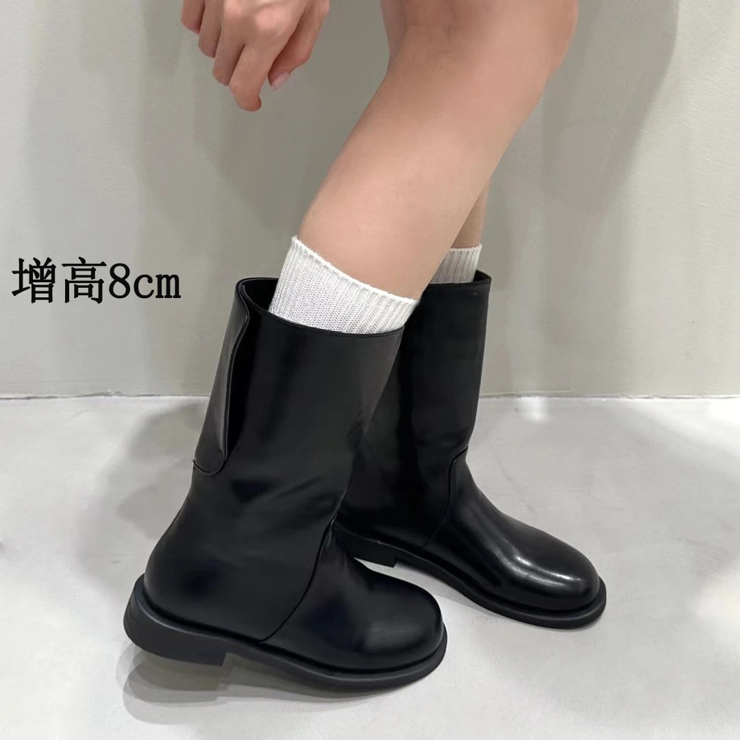 增高韩国靴圆头小众中筒靴女粗跟骑士靴2025年秋冬显瘦棕色马丁靴