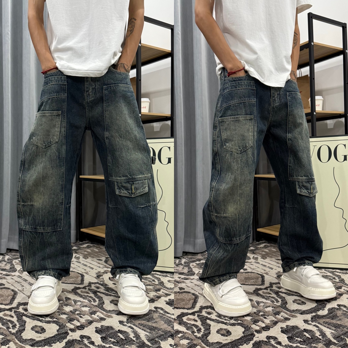 2025秋季新款复古拼接水洗直筒裤男做旧牛仔裤工装日系美式宽松