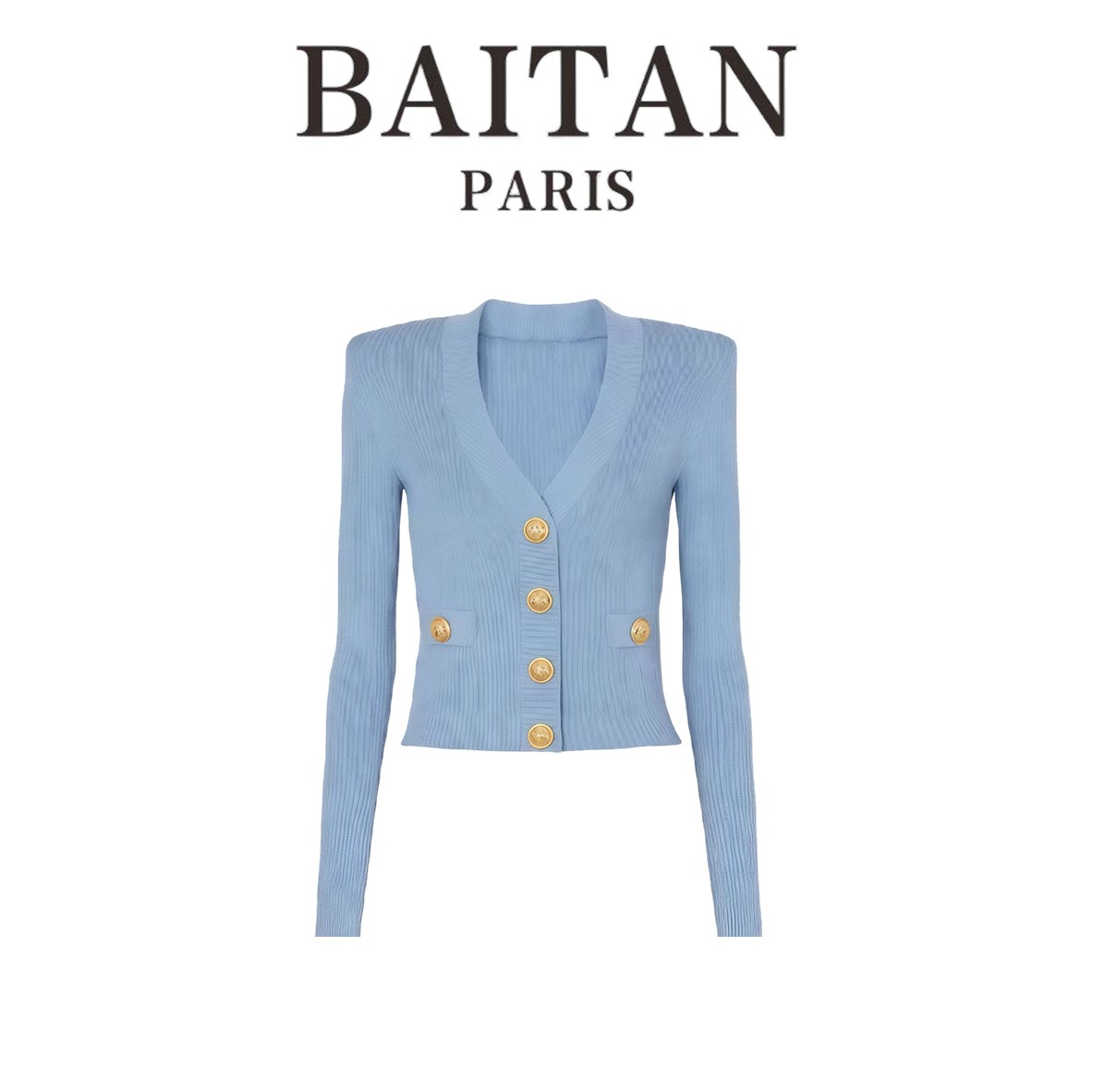 金属扣V领针织开衫 财阀名媛富家千金气质上衣