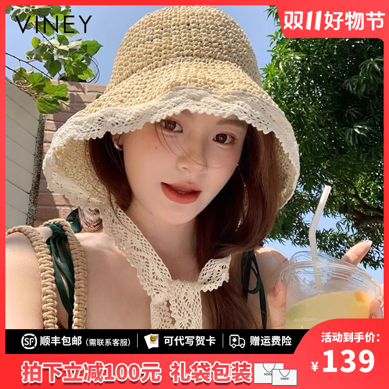 Viney防晒帽女高颜值时尚镂空透气渔夫帽夏季出游防紫外线太阳帽