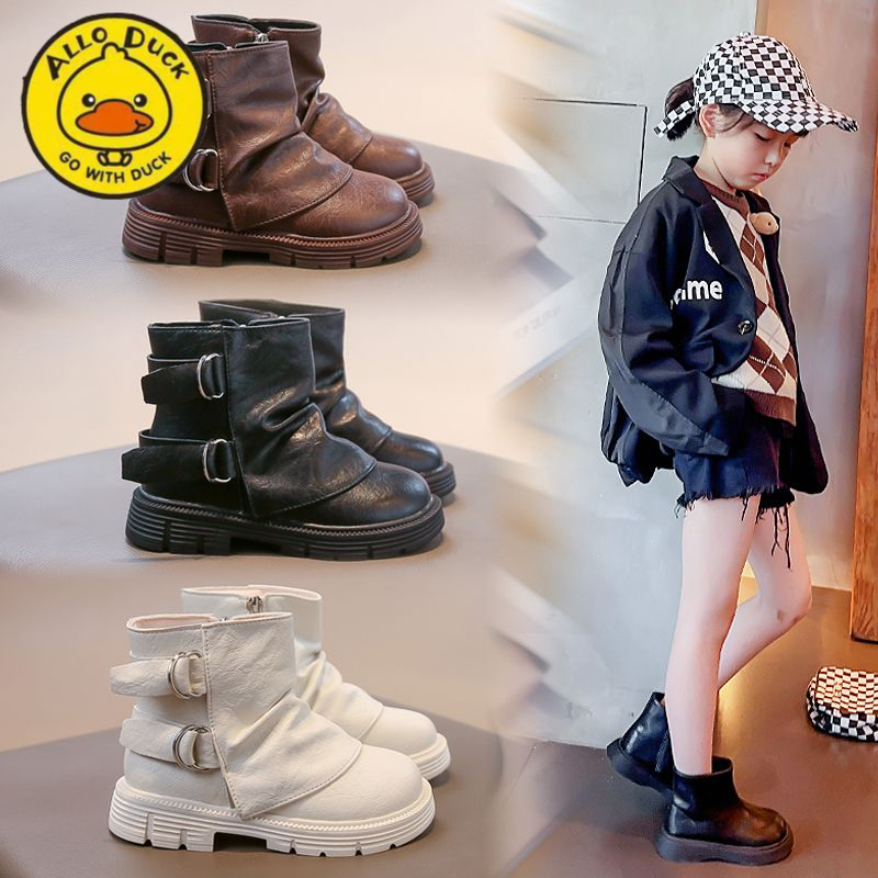 小黄鸭女童靴子秋冬新款儿童马丁靴英伦骑士靴裤管靴公主女孩短靴