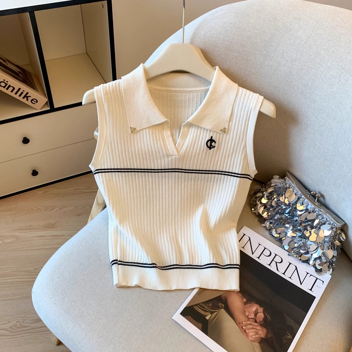 韩系老钱风刺绣polo领针织背心女夏季高级感洋气修身显瘦无袖上衣
