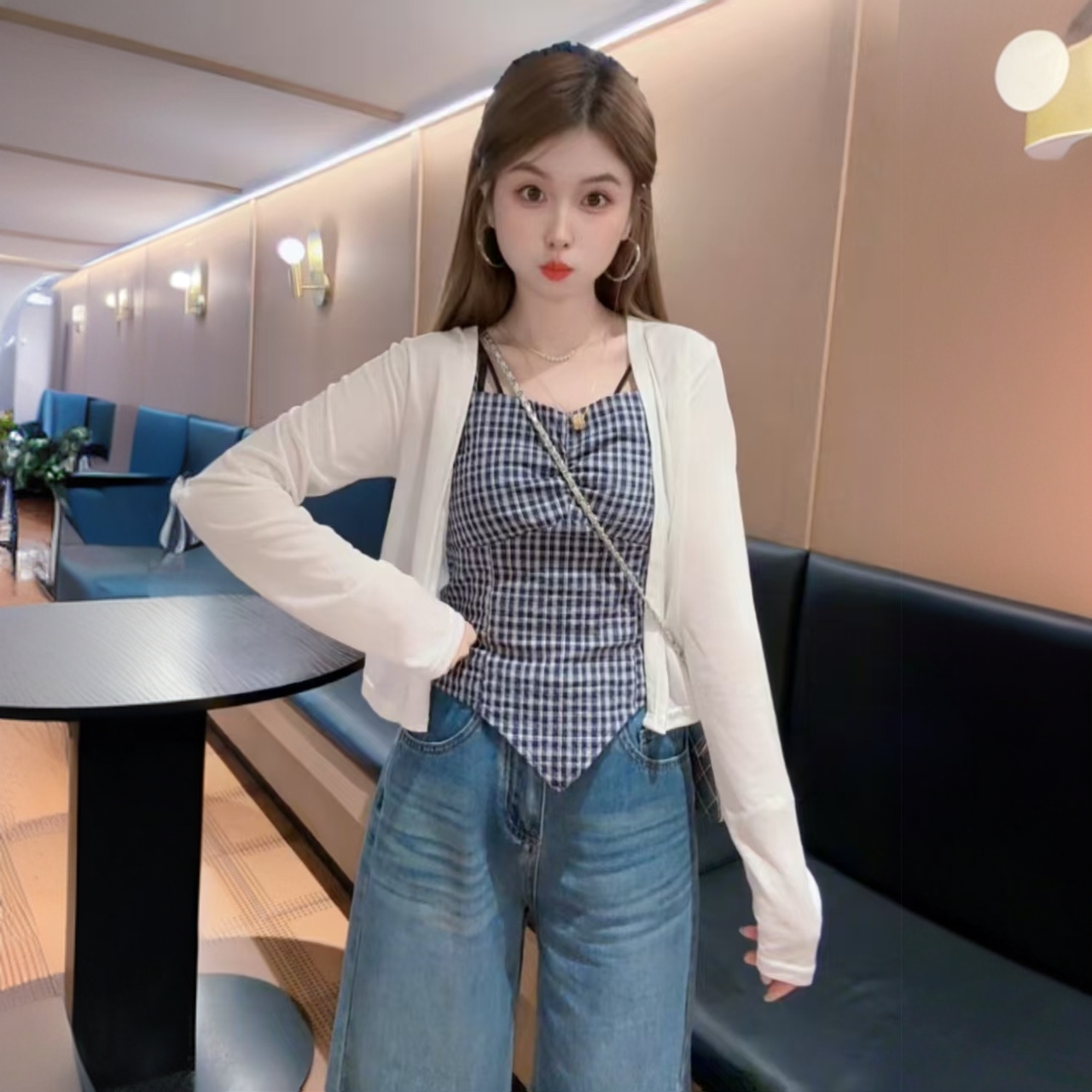 新款格子吊带修身打底上衣短款长袖防晒法式小吊带上衣开衫套装