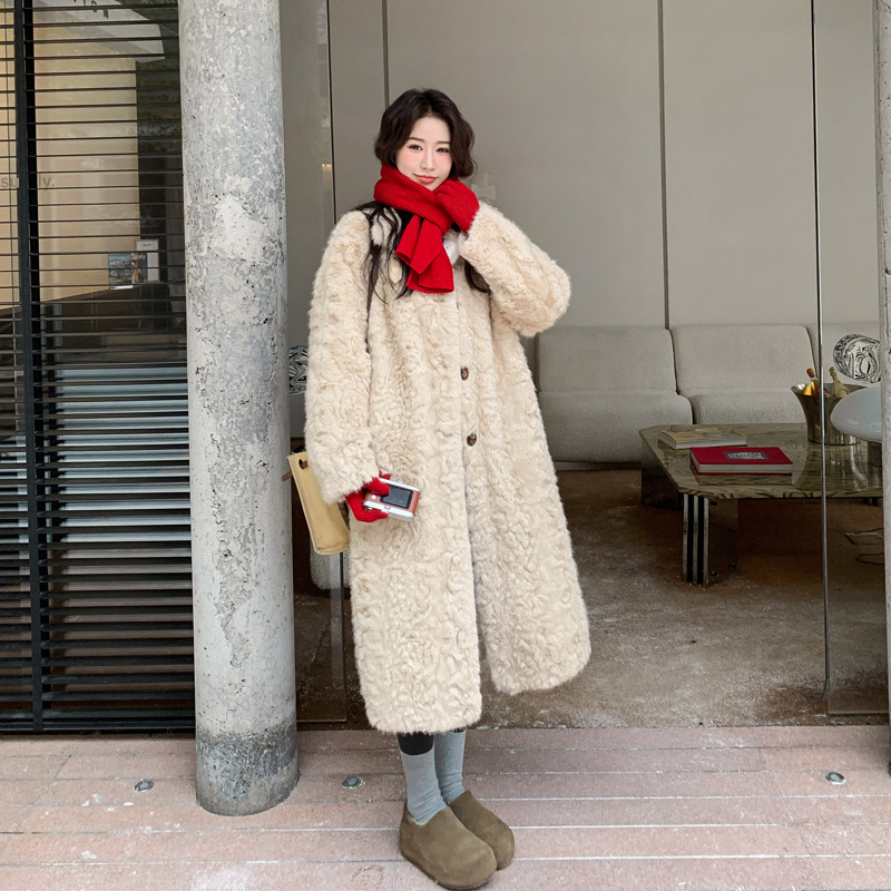 氛围感长款皮毛一体外套女2025冬季新款韩系ins温柔风毛绒绒棉衣