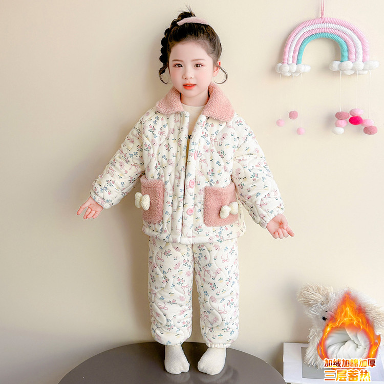 儿童睡衣冬加厚加绒女童宝宝三层夹棉洋气保暖冬季女孩碎花家居服