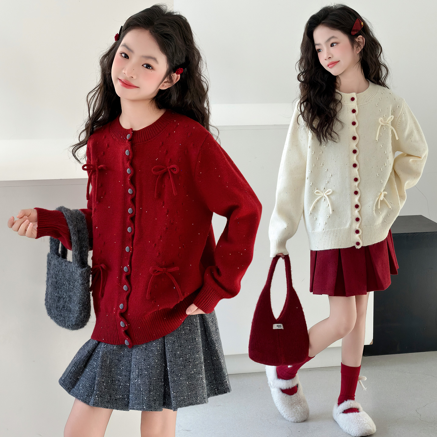 （120-180码）女童秋冬针织开衫亮片蝴蝶结红色毛衣百褶裙两件套