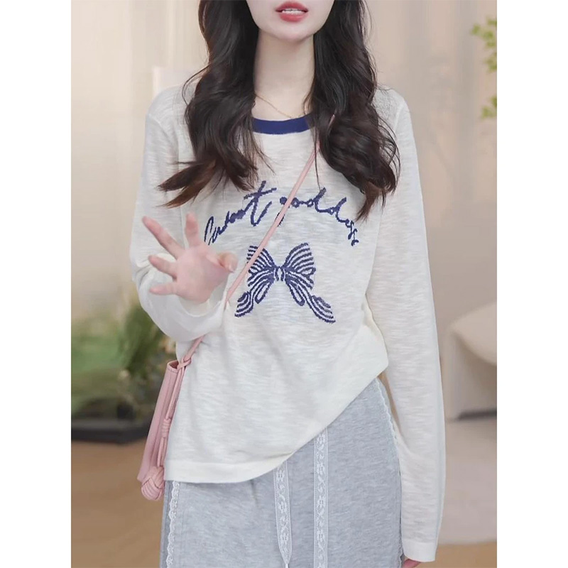 2025夏季新款女装时尚撞色圆领防晒罩衫长袖t恤轻薄显瘦针织上衣