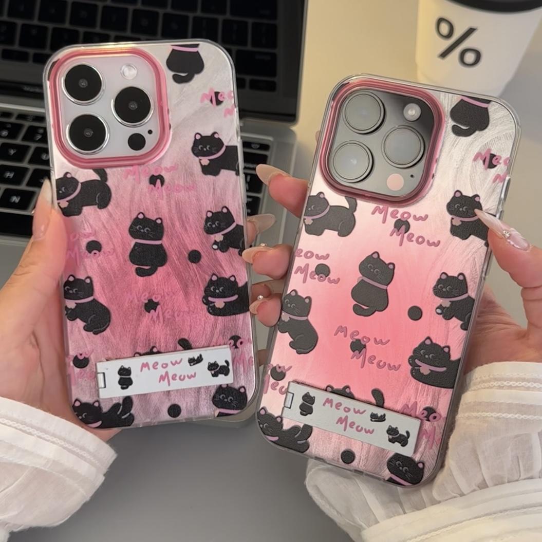 Lucky粉晕黑猫适用iPhone15ProMax羽纱手机壳华为Pura70高级感viv