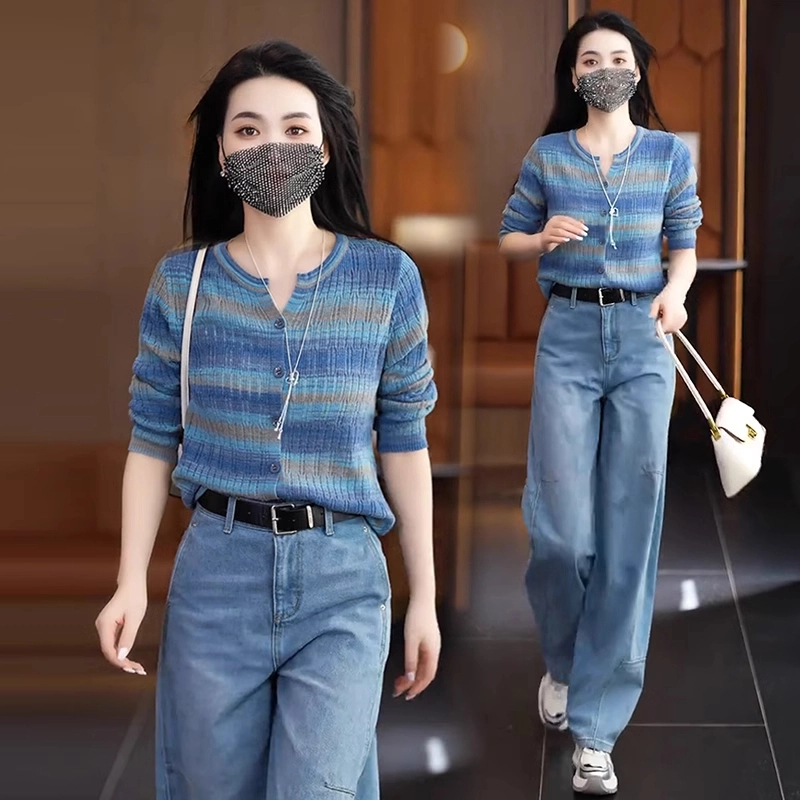 彩虹条纹针织开衫长袖宽松显瘦百搭时尚毛衣外套上衣洋气春季新款