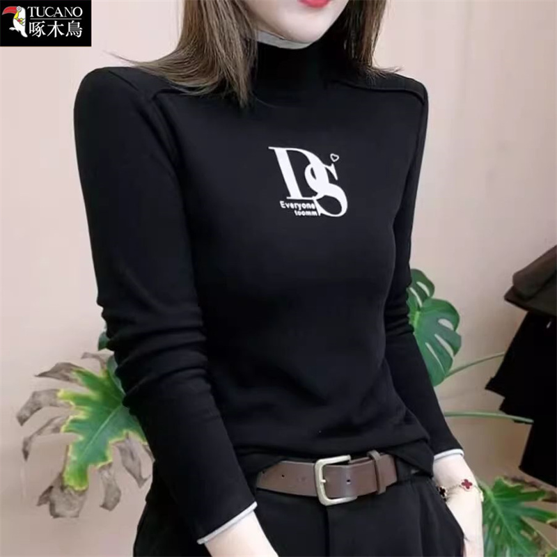 啄木鸟冬季澳绒保暖网红爆款上衣2025年新款半高领长袖印花T恤女