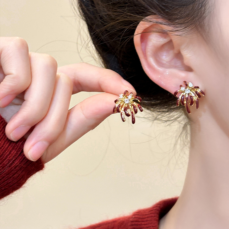 红色珐琅烟花耳环女新款轻奢高级感耳钉小众独特设计气质耳饰1352