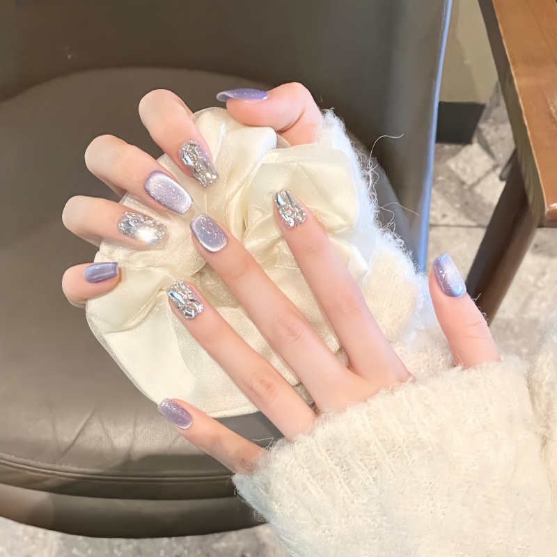 紫气东来新款高颜值纯手工紫色猫眼短款显白爆闪穿戴甲手工穿戴甲