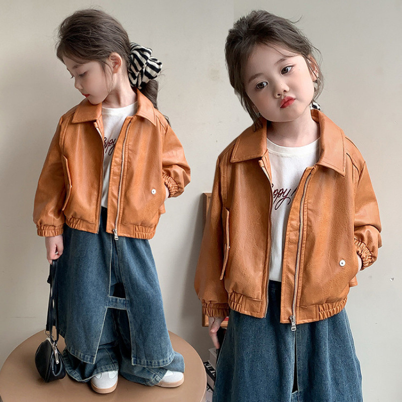 2025秋季女童韩版皮衣外套儿童洋气时髦PU夹克上衣童装秋装外套潮