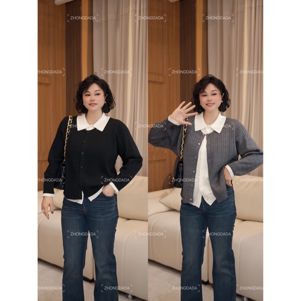 ZHONG大大【】秋冬新款假两件拼接宽松百搭针织开衫女12305