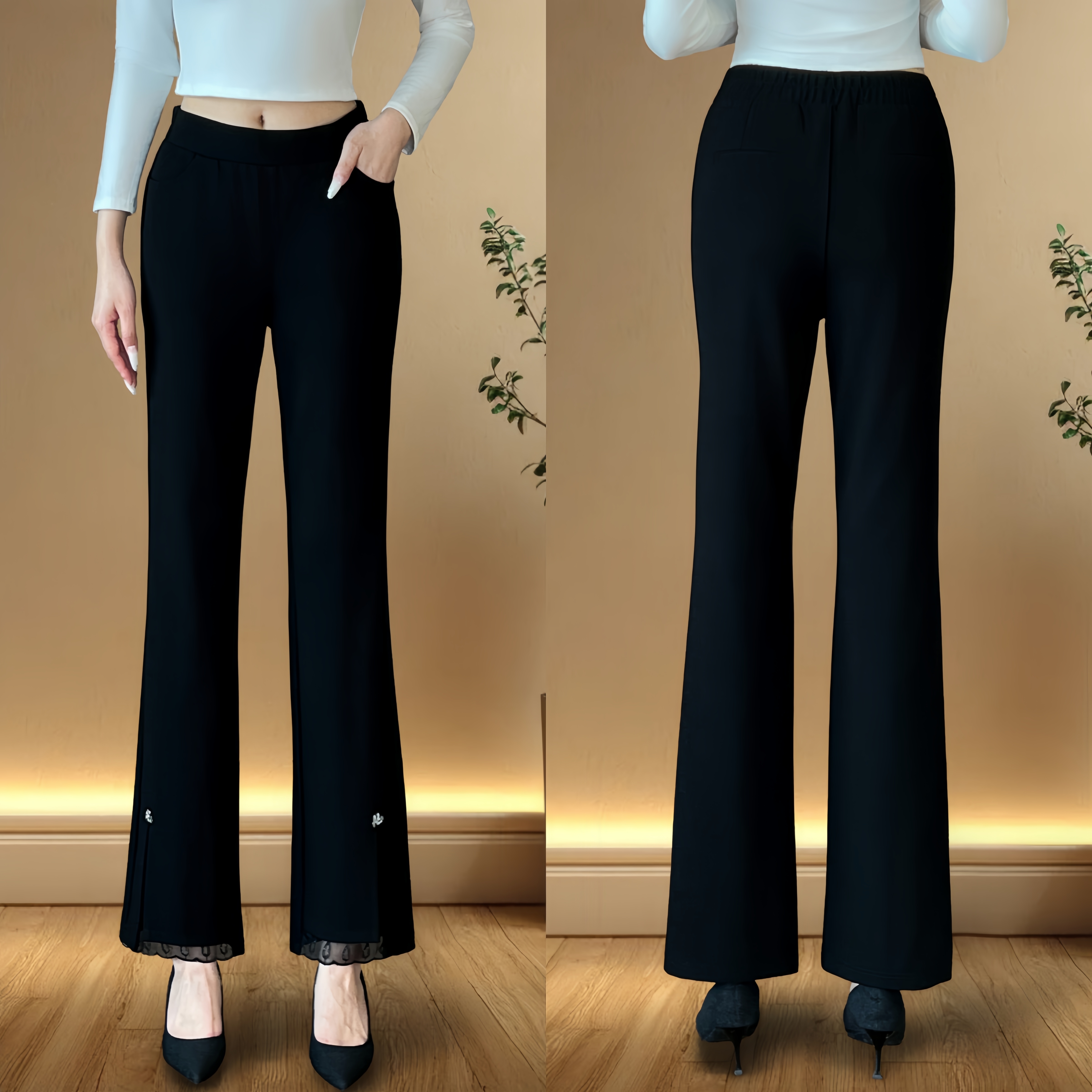 百花果2025秋冬新款大码女裤休闲喇叭中高腰弹力外穿长裤遮肉显瘦