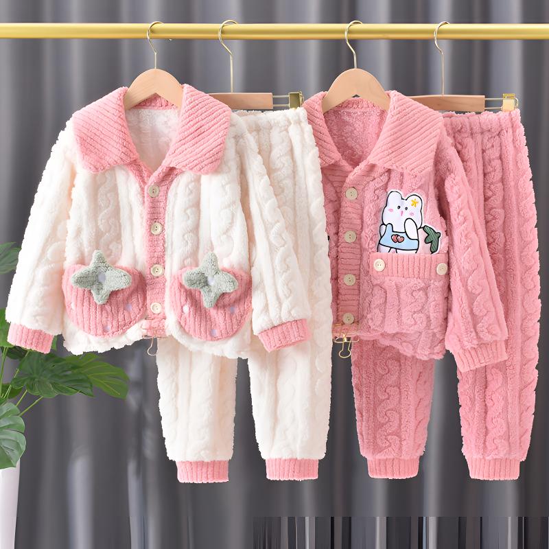 女童法兰绒睡衣秋冬款珊瑚绒加绒款套装女孩洋气卡通中大童家居服