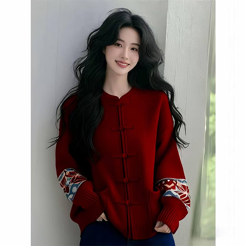 新中式国风红色本命年针织衫女春秋季2025新款新年战袍慵懒风毛衣