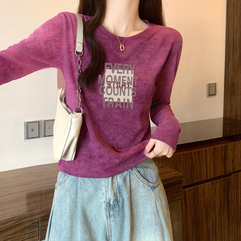 2025新款秋季美式复古扎染修身显瘦正肩长袖t恤短款打底衫上衣女