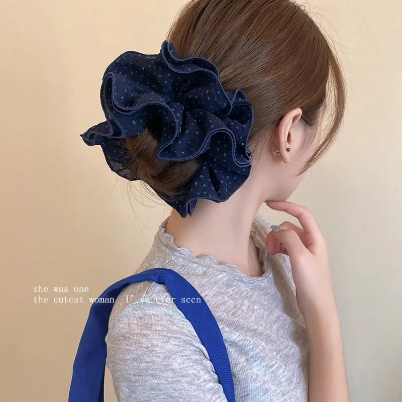 韩系藏青色波点成人大肠发圈女洋气扎头发丸子头气质发绳爆款头绳