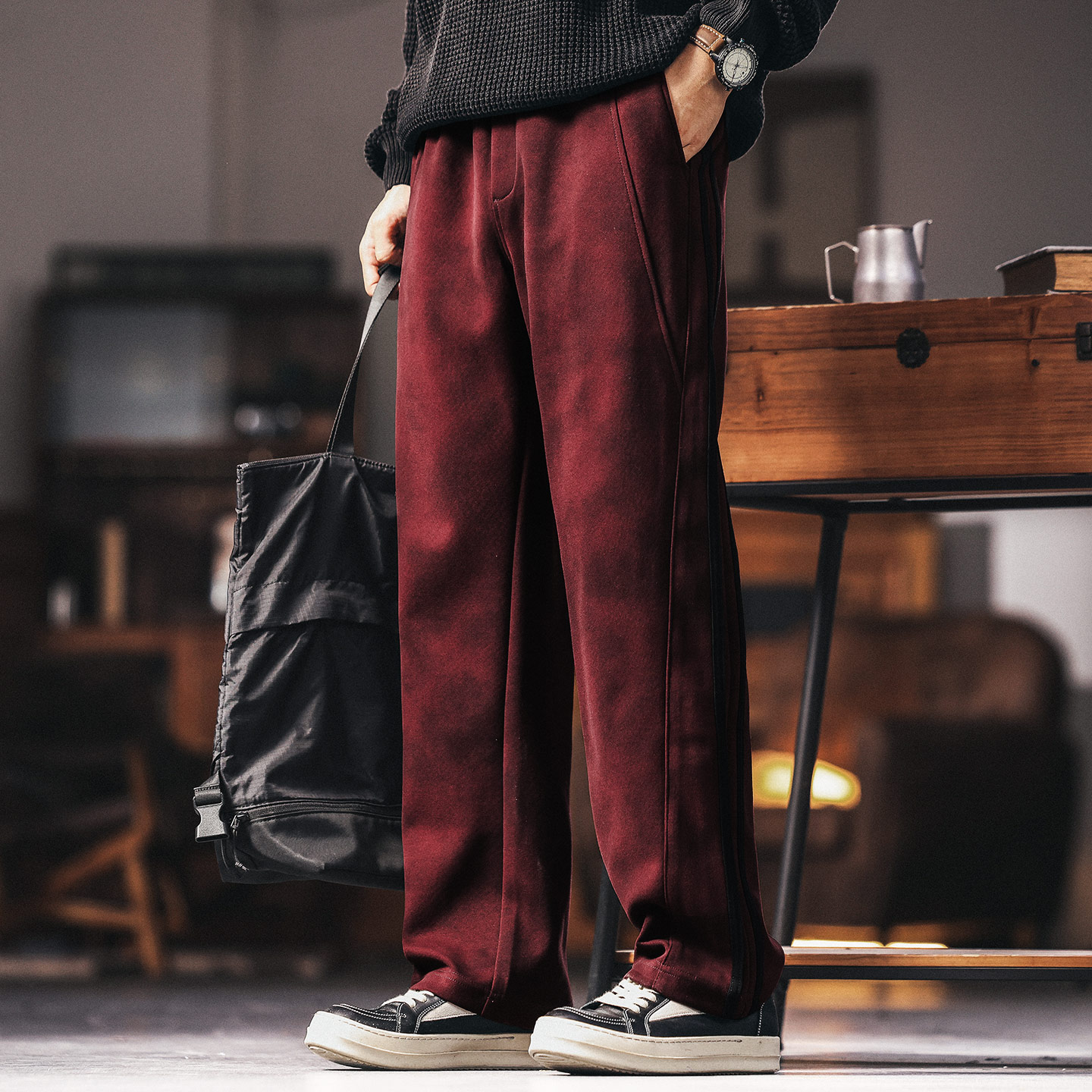 格蓝鹿高端日系复古酒红色卫裤男士宽松2025秋季新款直筒休闲裤子