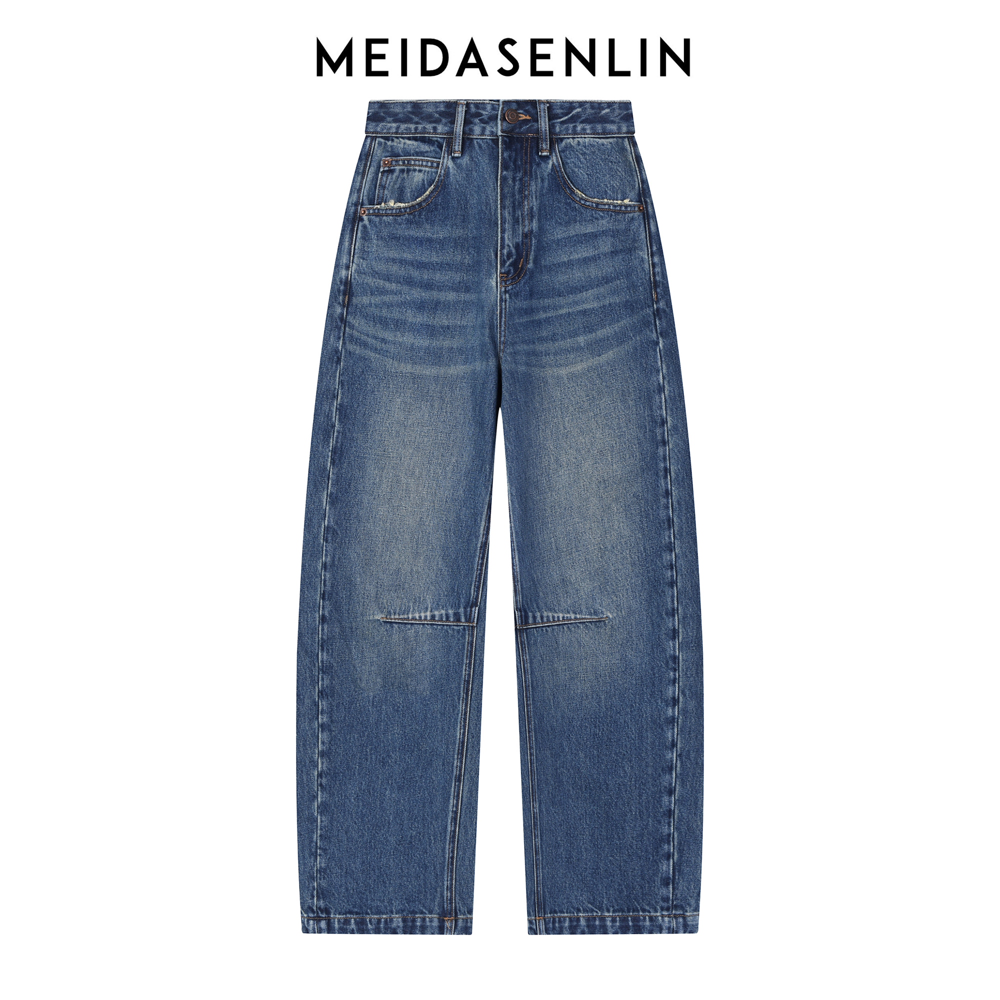 2025【美搭森林】港版-明星同款重工艺水洗怀旧蓝无弹弯刀裤16265