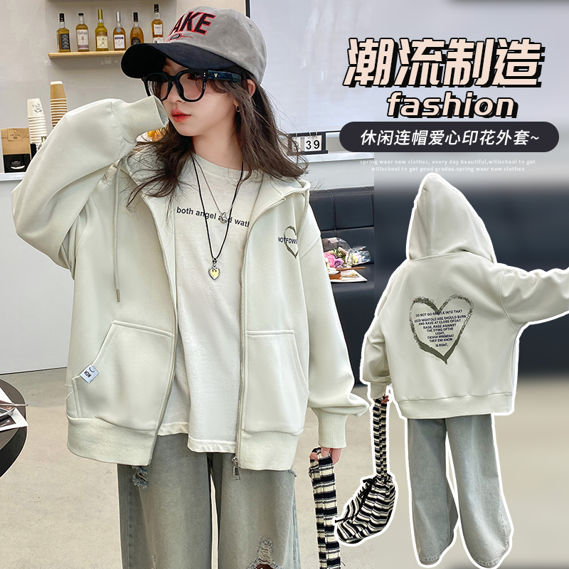 女童外套2025新款春装大童女孩洋气儿童装休闲拉链衫春秋连帽上衣