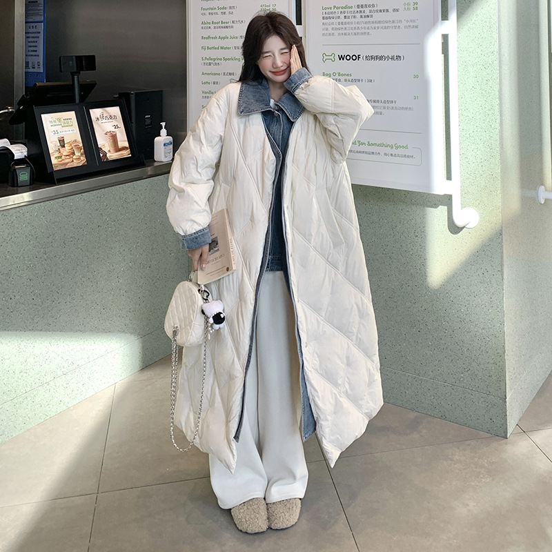 实拍时尚牛仔拼接假两件羽绒服2025新款长款简约百搭白鸭绒外套