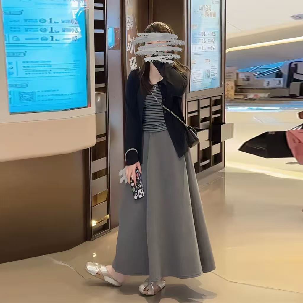 秋季新款条纹吊带长袖开衫外衣显瘦半身裙三件套