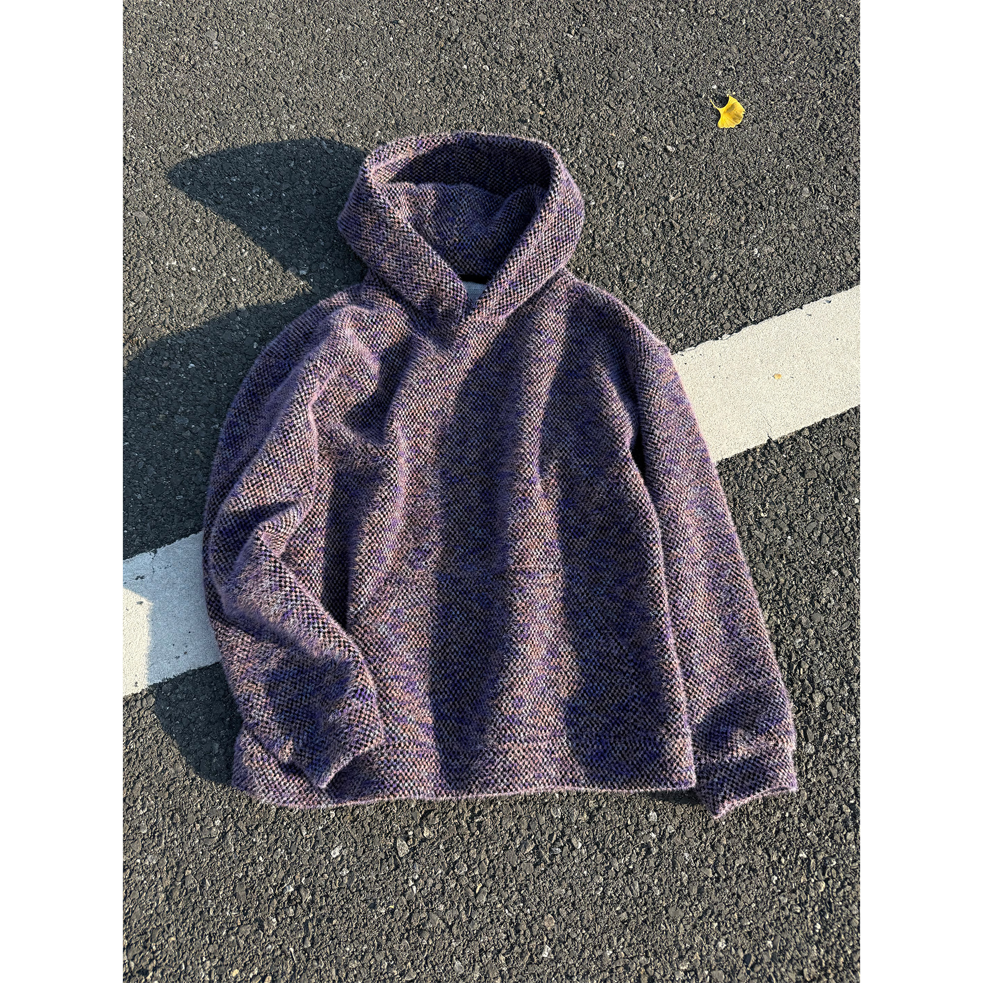 莫奈紫毛绒针织卫衣男女同款冬季小众设计感美式复古情侣连帽上衣