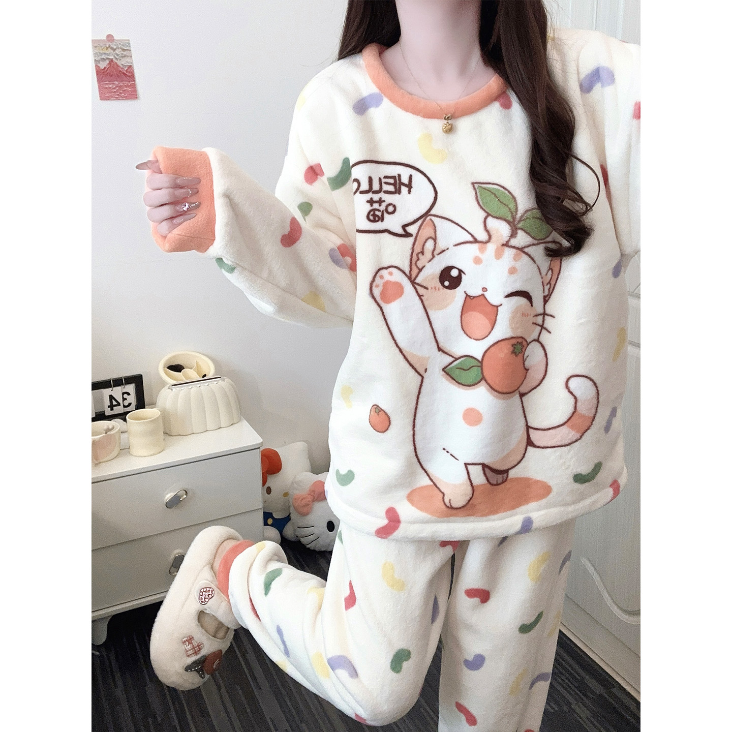 睡衣女款冬季加厚珊瑚绒可爱风小猫新款冬天法兰绒套装保暖家居服