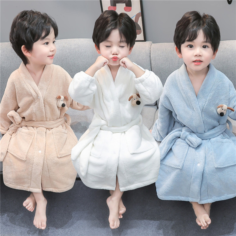儿童法兰绒浴袍男童睡袍珊瑚绒秋冬款宝宝可穿式浴巾连帽睡衣男孩