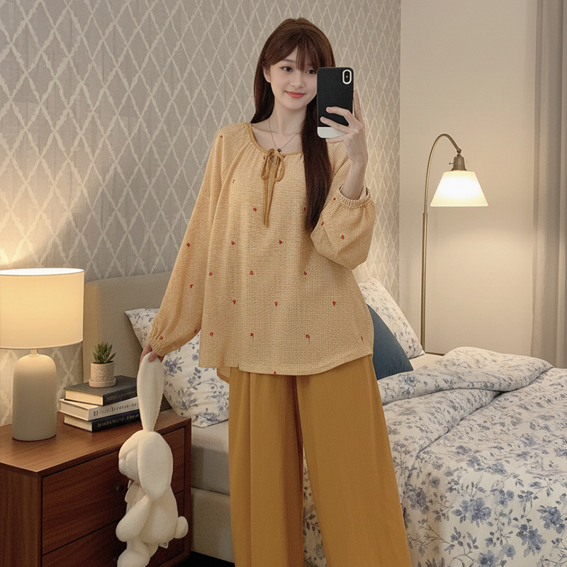 炸姐大码睡衣女秋2025新款黄格樱桃宽松圆领休闲套装可外穿家居服