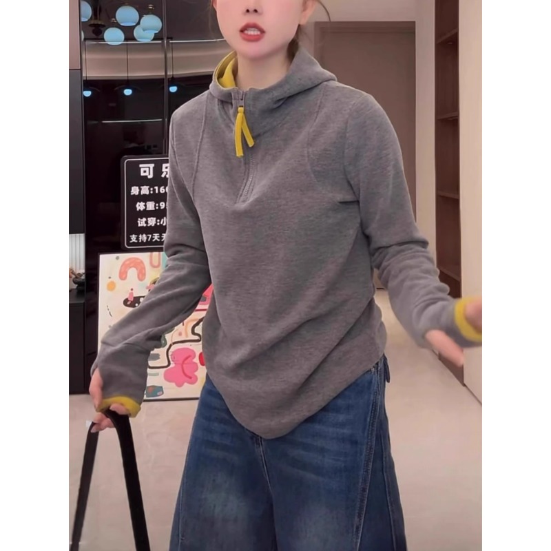 双面绒撞色半拉链连帽打底衫女2025秋冬季新款韩版保暖发热绒帽衫