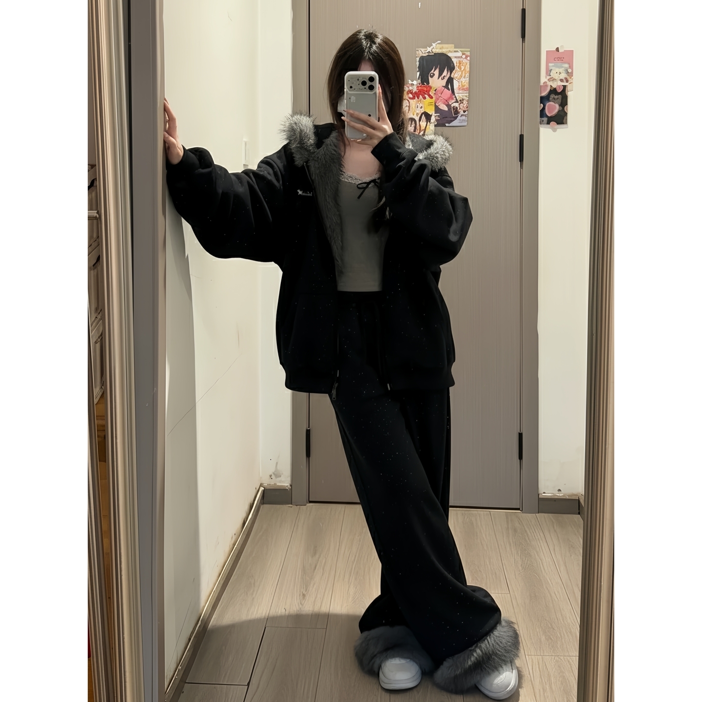 【现货】秋冬慵懒风满天星毛绒兔耳连帽卫衣加绒阔腿裤两件套女