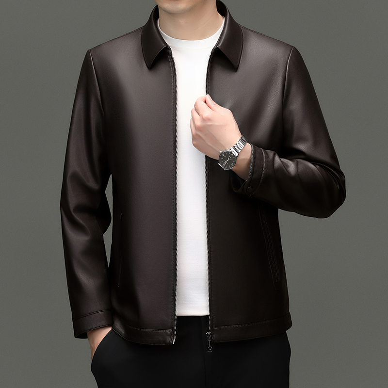 高档男士加绒休闲春秋羊皮翻领秋冬秋季中年真皮中老年时尚-2585