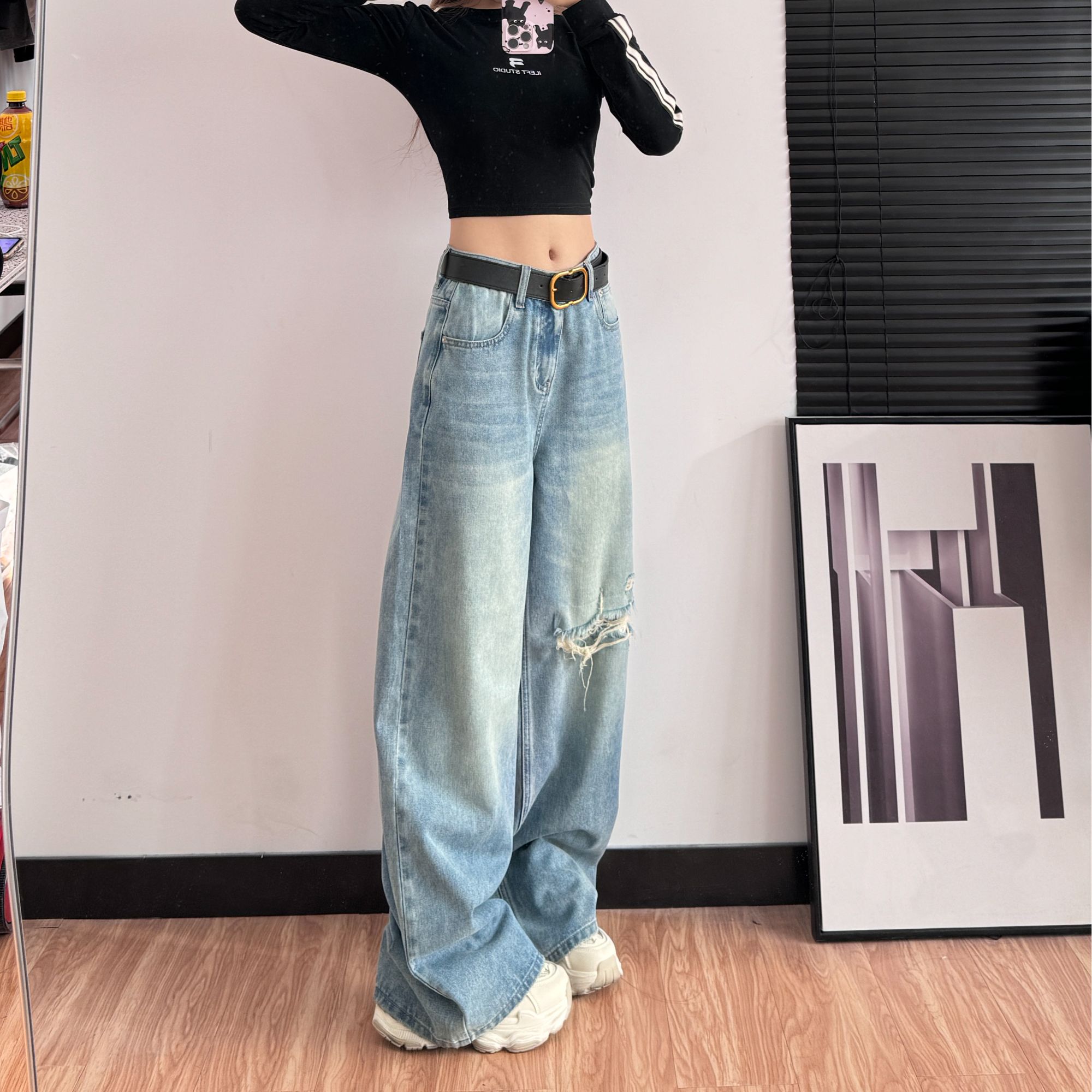 2025新款小个子设计感直筒拖地裤百搭破洞低腰宽松显瘦牛仔裤5023