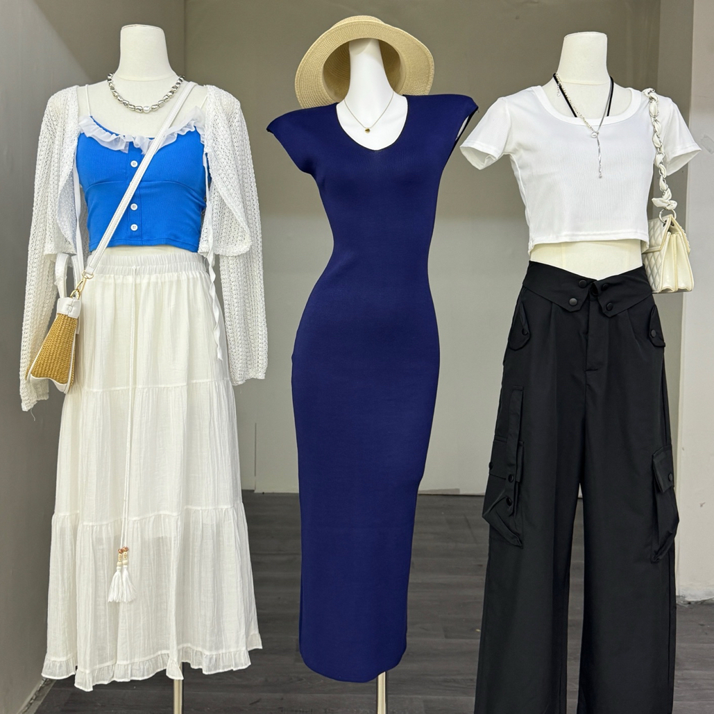 御姐风蓝色V领针织连衣裙夏季修身显瘦包臀开叉气质长裙女