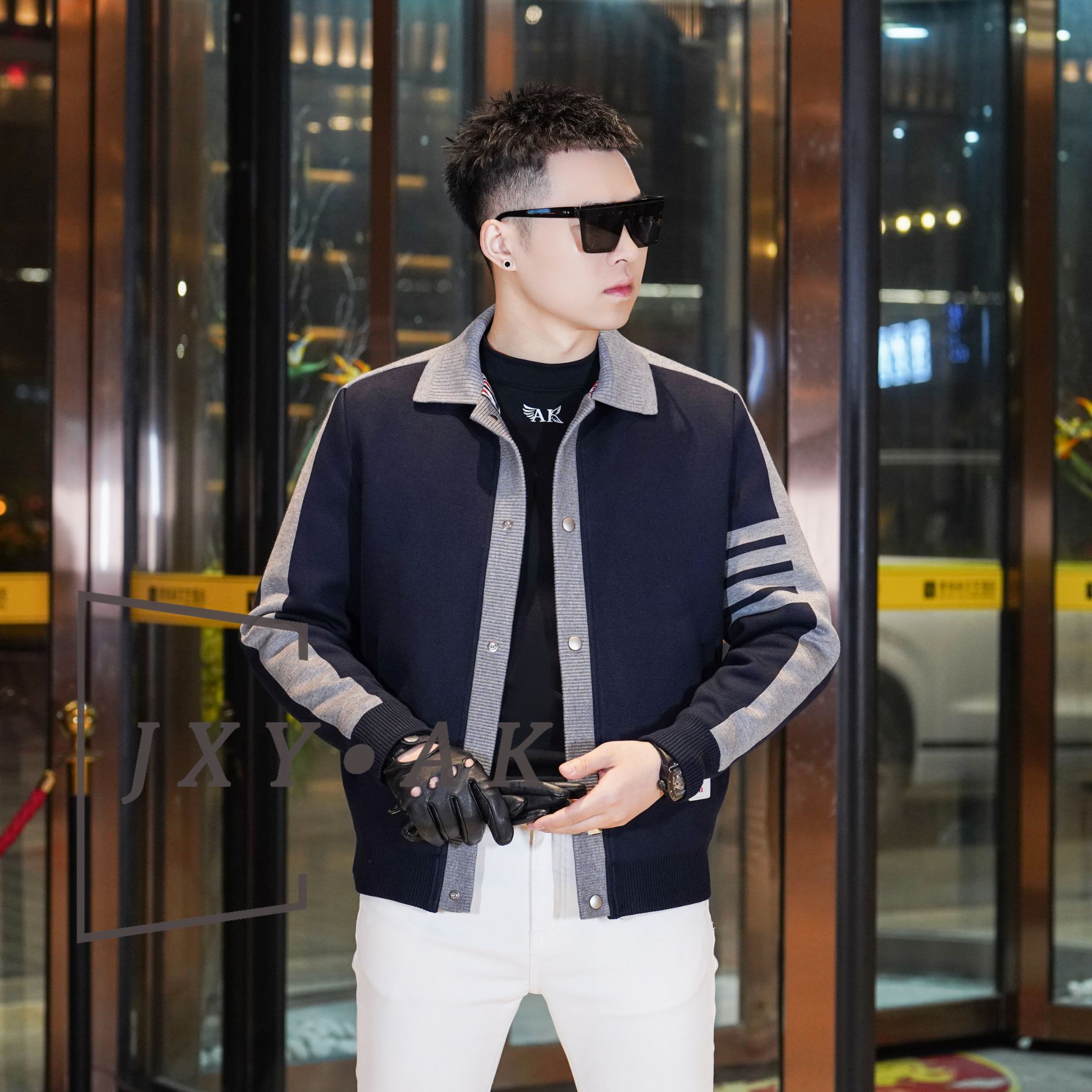 2025冬季新款男士撞色简约条纹翻领夹克羊毛混纺鸭绒保暖百搭外套