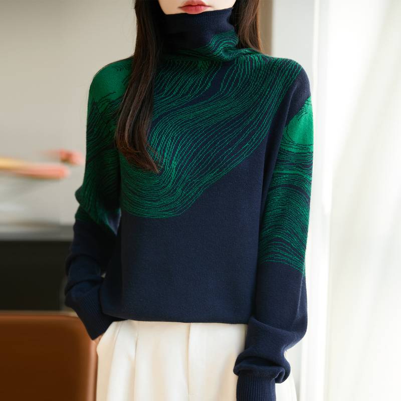 高端品牌女装100%羊毛衫女秋冬季堆堆高领百搭毛衣加厚针织打底衫