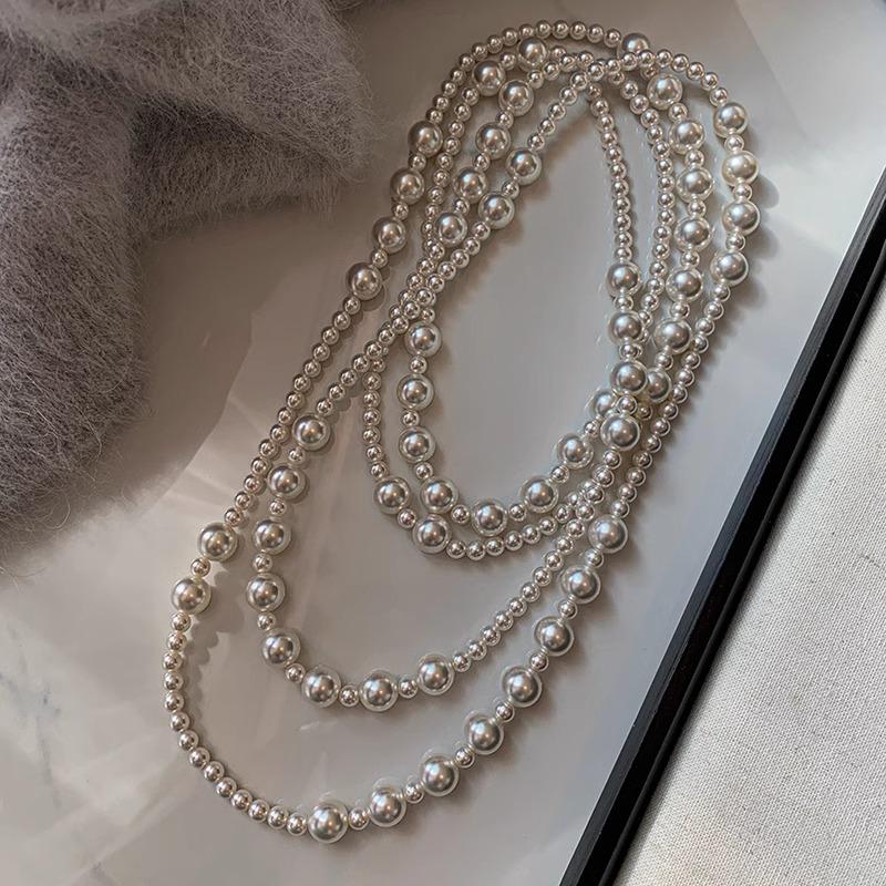 合金项链 【嫣儿推荐】超长款白仿珍珠复古双层叠戴高档大气项链ins